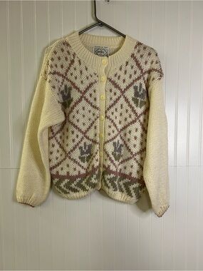 Vintage Nuggets Knitted by Hand Cream Knit Patterned Cardigan Sweater Size Large